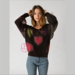 Reed Hunter Black Rainbow Hearts Chunky Sweater Small